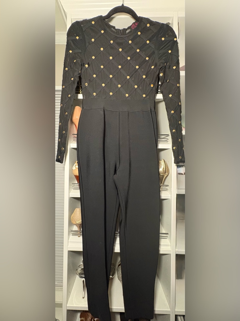 Hot Miami Styles Black Quilted Long-Sleeve Jumpsuit with Gold Studs